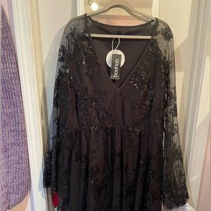 Black sequin skater dress, long sleeve